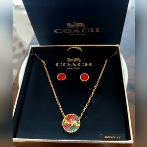 Coach Gold Necklace with Stud Earrings NIB